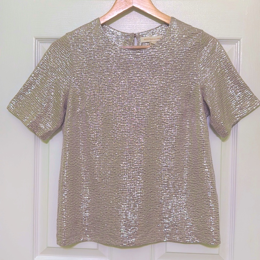 Monteau Gold Metallic Dots Top Size Small Relaxed Fit Holiday Festive Christmas